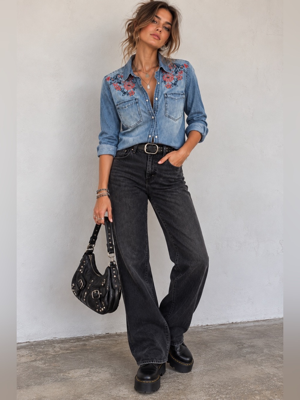 Vintage America Blues Embroidered Chambray Denim Shirt Small Floral Boho